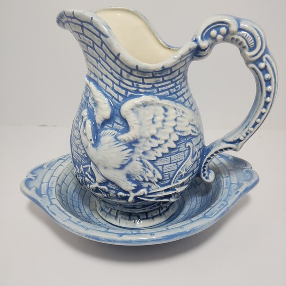 Hand Painted Blue & White Pitcher Basin Bowl Bicentennial Liberty Bell Eagle 6" - Picture 1 of 12